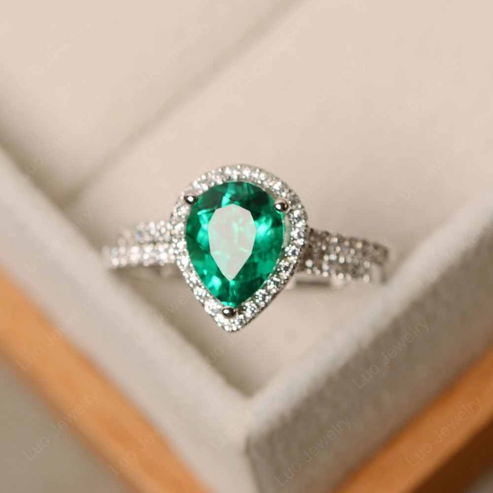 Pear Cut Lab Emerald Bridal Set Engagement Ring - LUO Jewelry