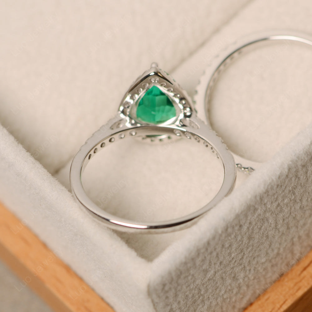 Pear Cut Lab Emerald Bridal Set Engagement Ring - LUO Jewelry
