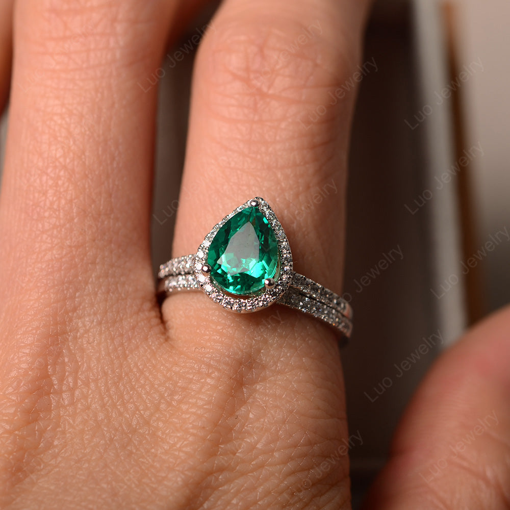 Pear Cut Lab Emerald Bridal Set Engagement Ring - LUO Jewelry