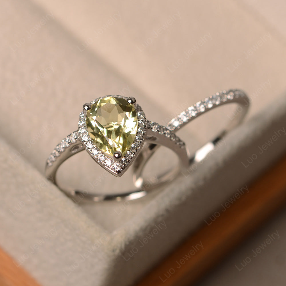 Pear Cut Lemon Quartz Bridal Set Engagement Ring - LUO Jewelry