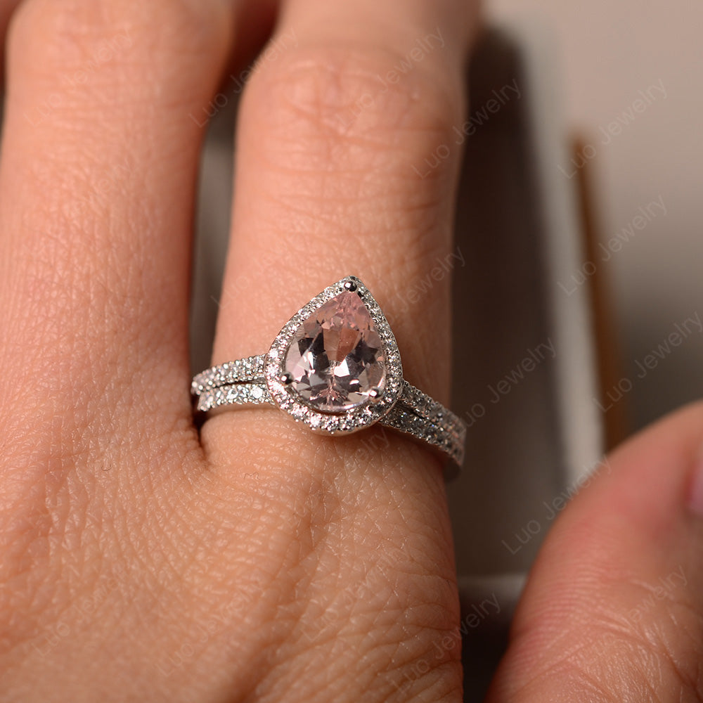 Pear Cut Morganite Bridal Set Engagement Ring - LUO Jewelry