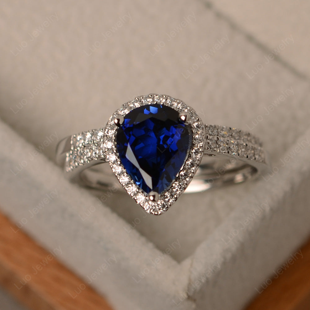 Pear Cut Lab Sapphire Bridal Set Engagement Ring - LUO Jewelry