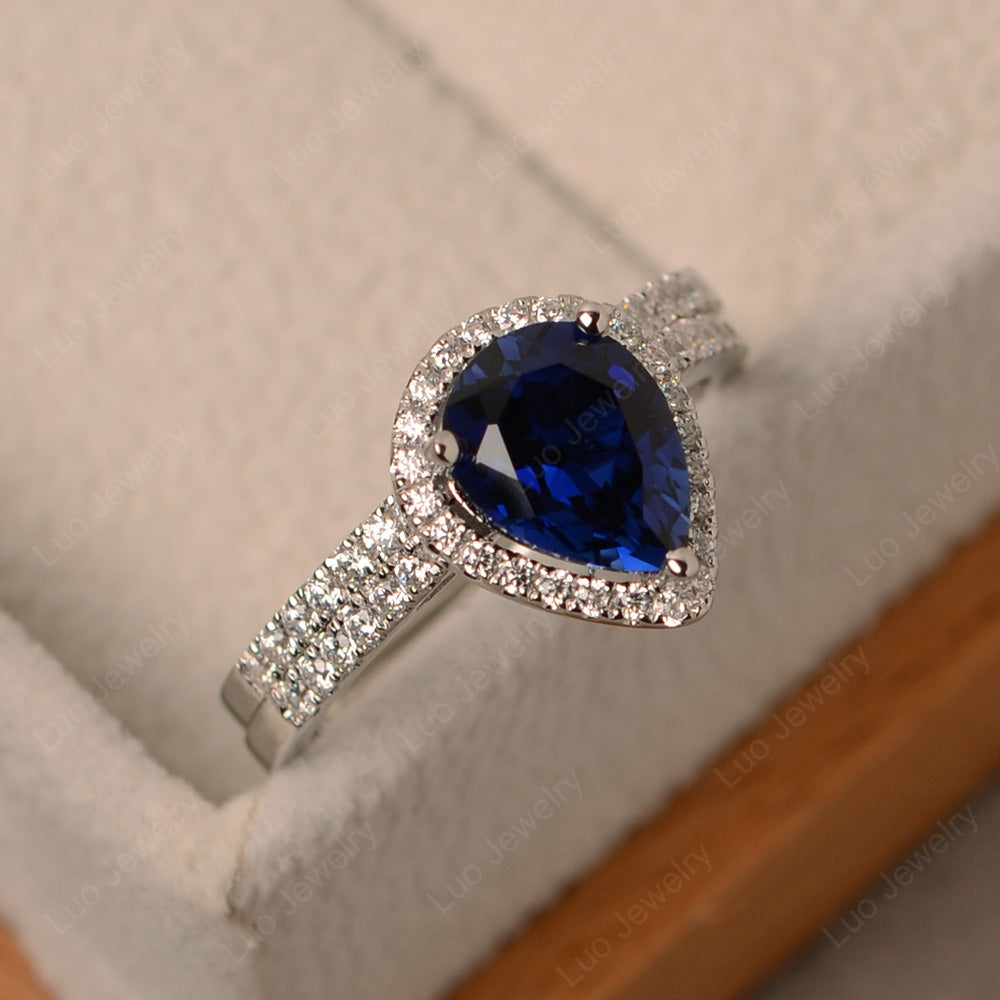 Pear Cut Lab Sapphire Bridal Set Engagement Ring - LUO Jewelry