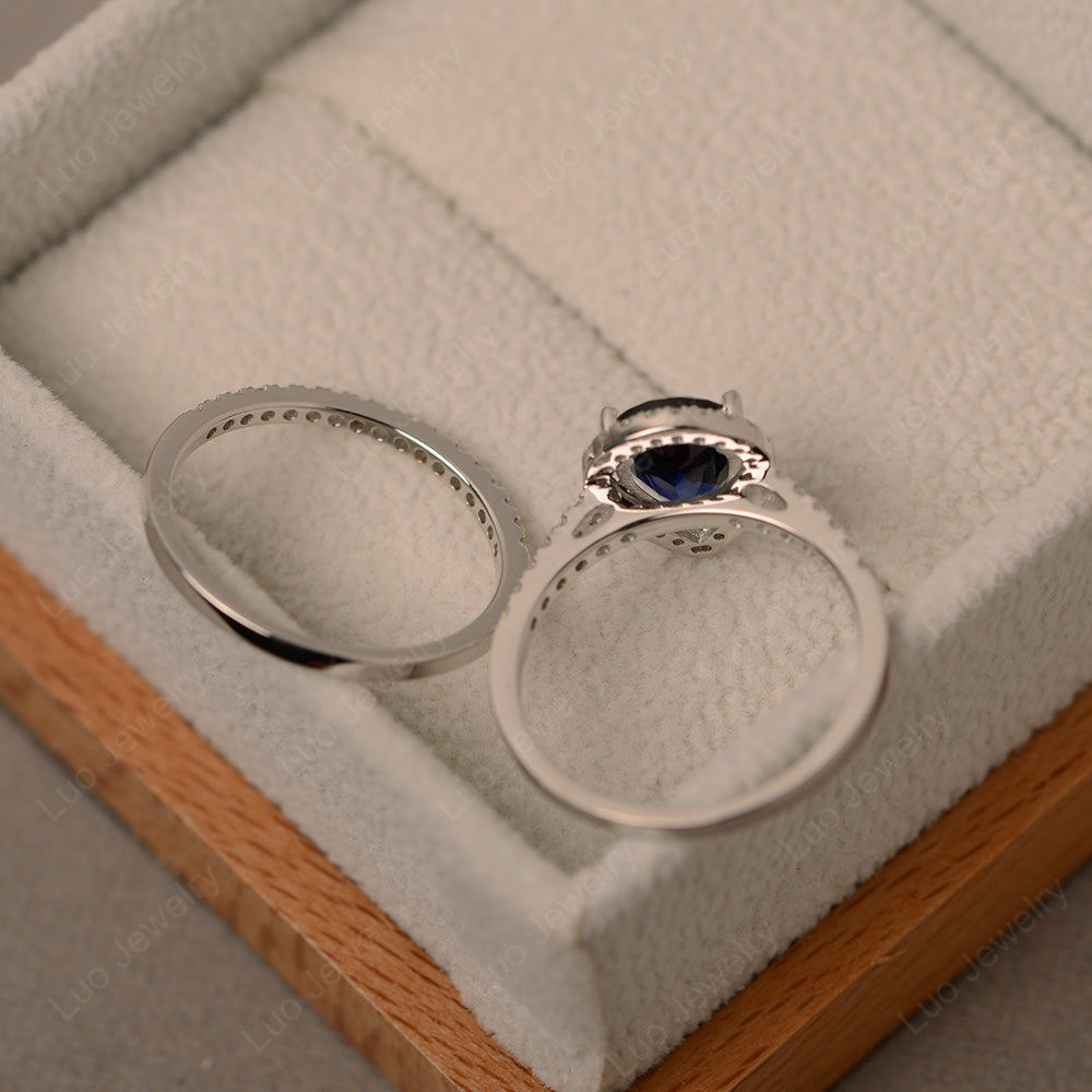 Pear Cut Lab Sapphire Bridal Set Engagement Ring - LUO Jewelry