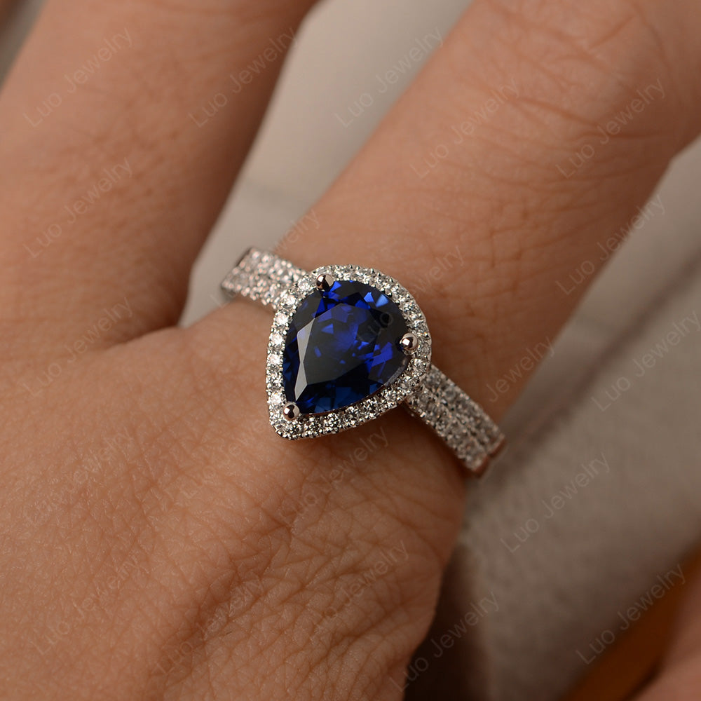 Pear Cut Lab Sapphire Bridal Set Engagement Ring - LUO Jewelry