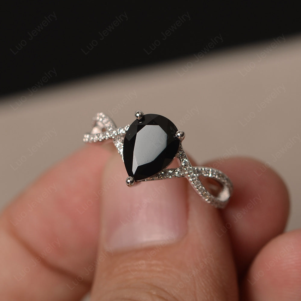 Black Stone Split Shank Pear Engagement Ring - LUO Jewelry