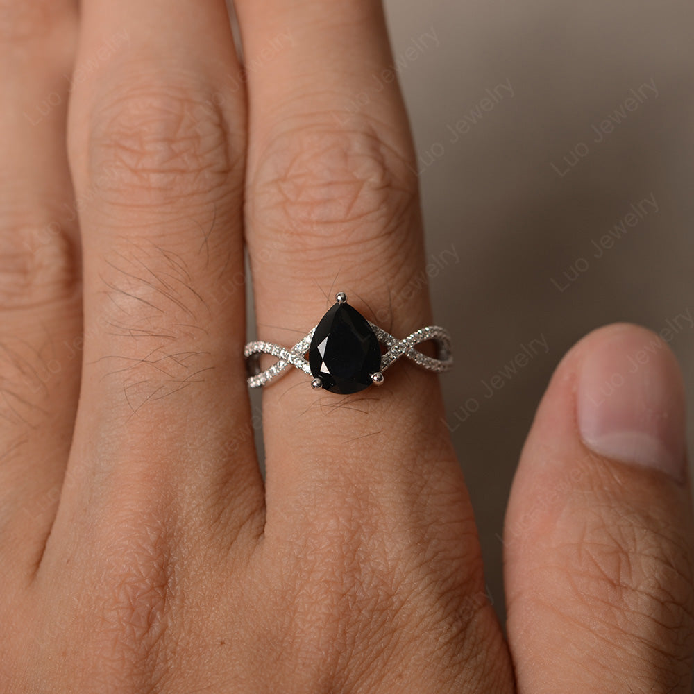 Black Stone Split Shank Pear Engagement Ring - LUO Jewelry