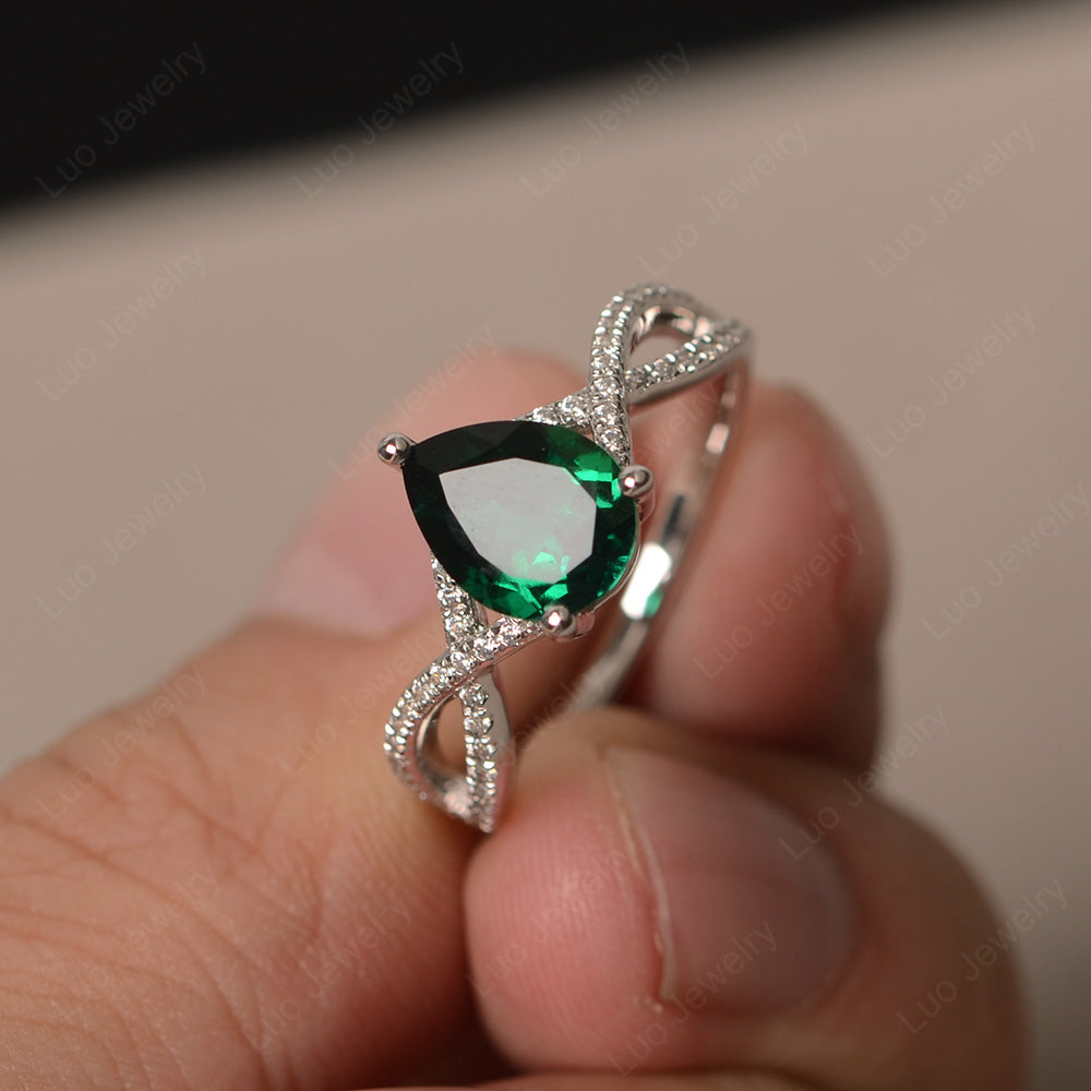 Lab Emerald Split Shank Pear Engagement Ring - LUO Jewelry