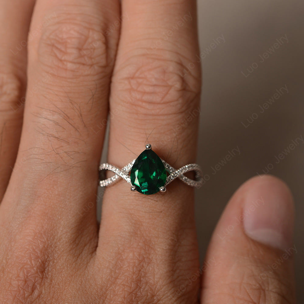 Lab Emerald Split Shank Pear Engagement Ring - LUO Jewelry