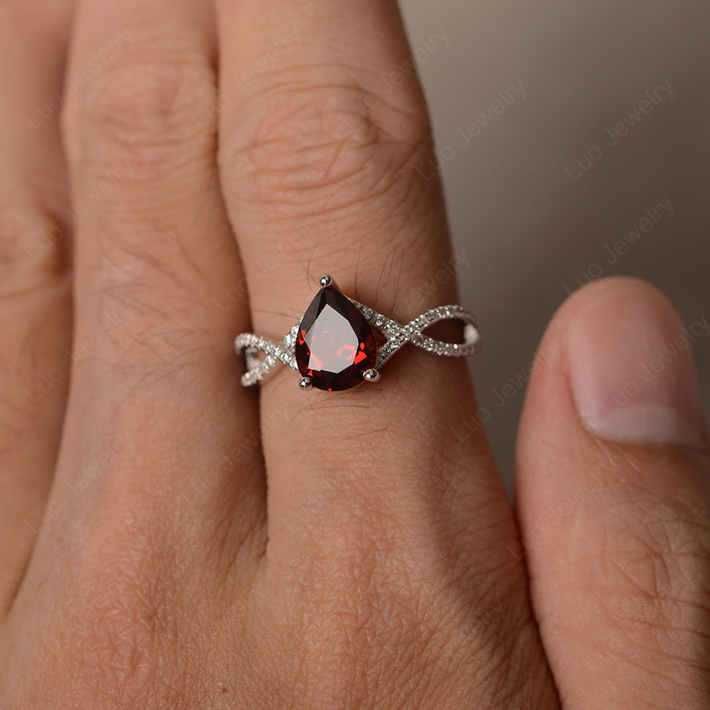 Garnet Split Shank Pear Engagement Ring - LUO Jewelry