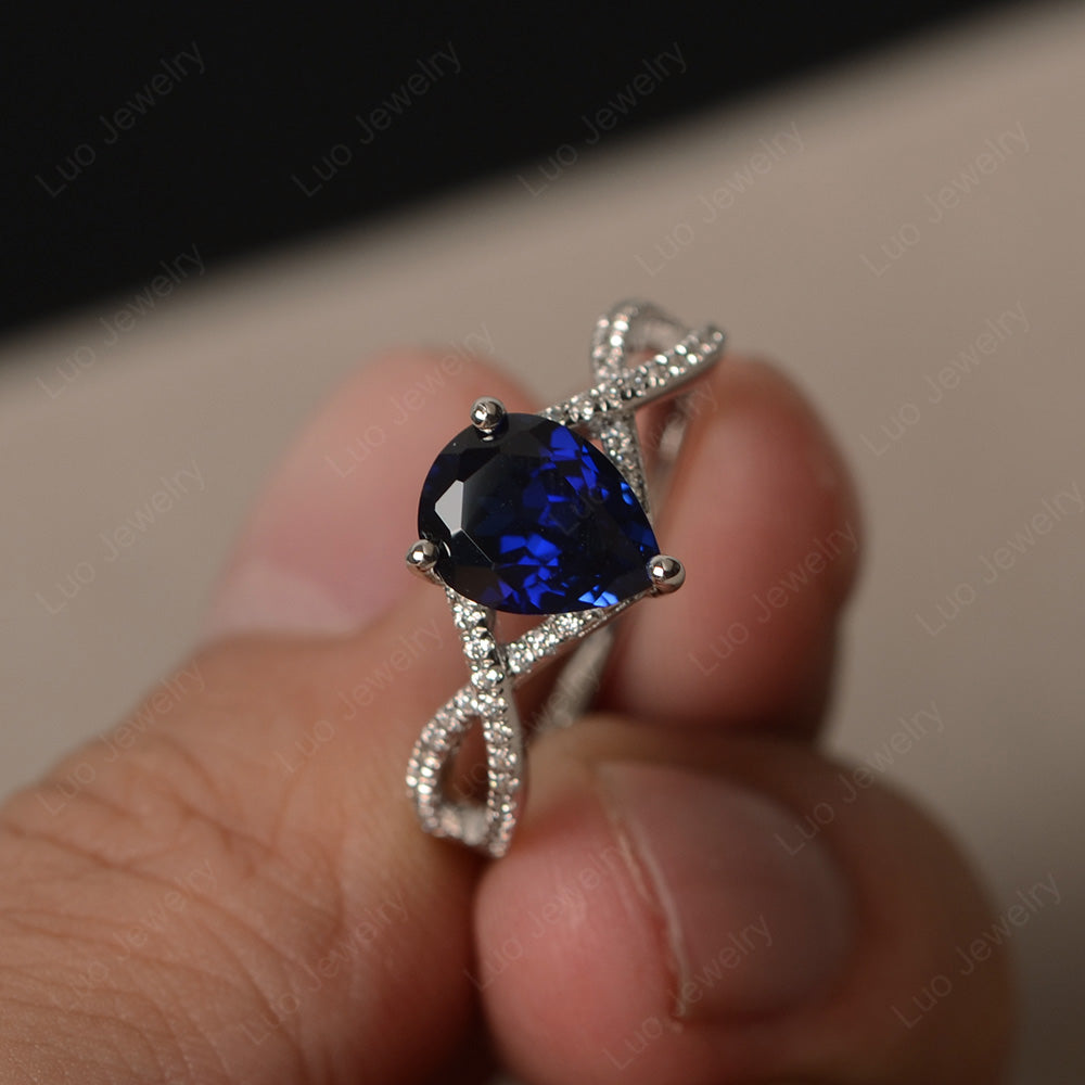 Lab Sapphire Split Shank Pear Engagement Ring - LUO Jewelry