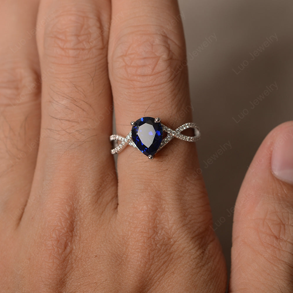 Lab Sapphire Split Shank Pear Engagement Ring - LUO Jewelry