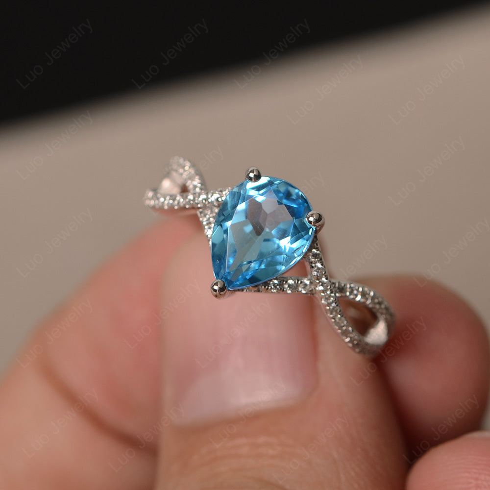 Swiss Blue Topaz Split Shank Pear Engagement Ring - LUO Jewelry