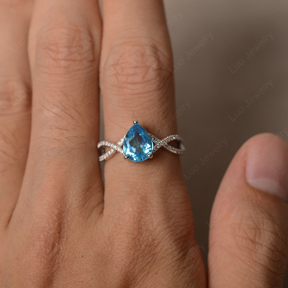 Swiss Blue Topaz Split Shank Pear Engagement Ring - LUO Jewelry