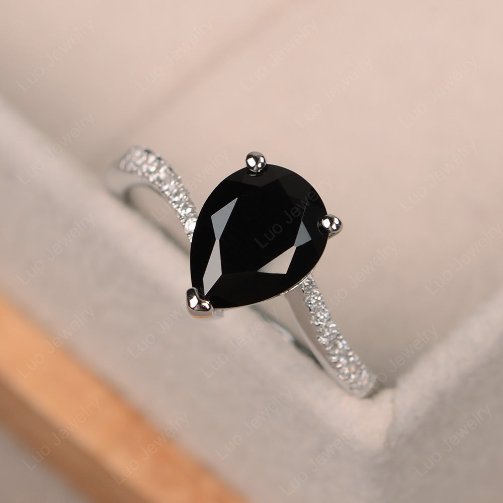 Pear Shaped Black Spinel Engagement Ring Pave - LUO Jewelry