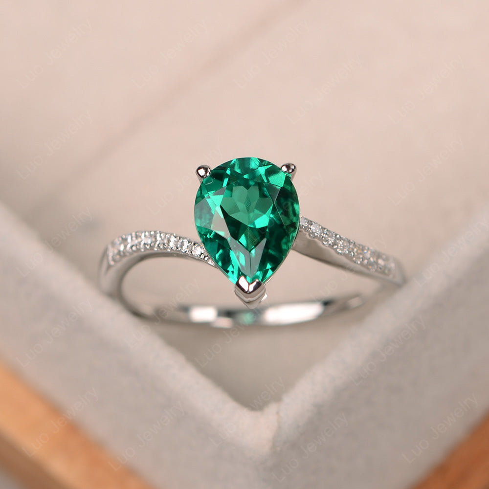 Pear Shaped Lab Emerald Engagement Ring Pave - LUO Jewelry