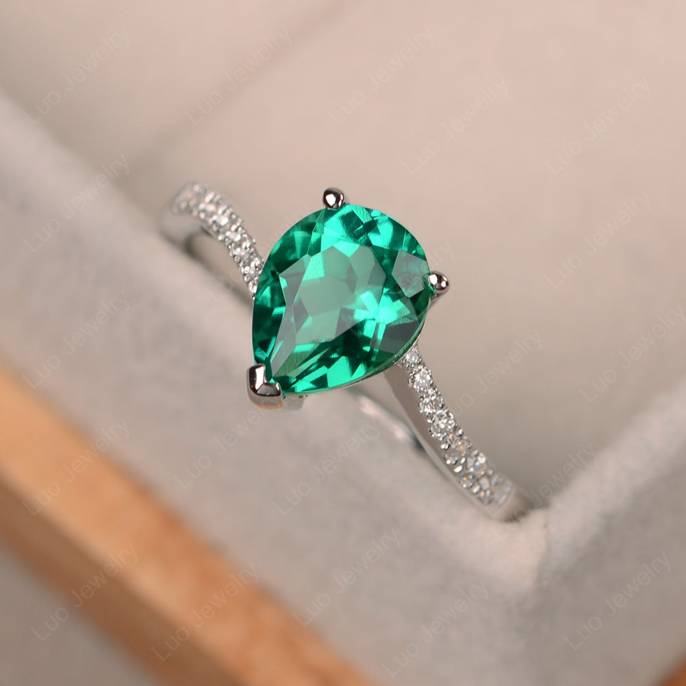 Pear Shaped Lab Emerald Engagement Ring Pave - LUO Jewelry