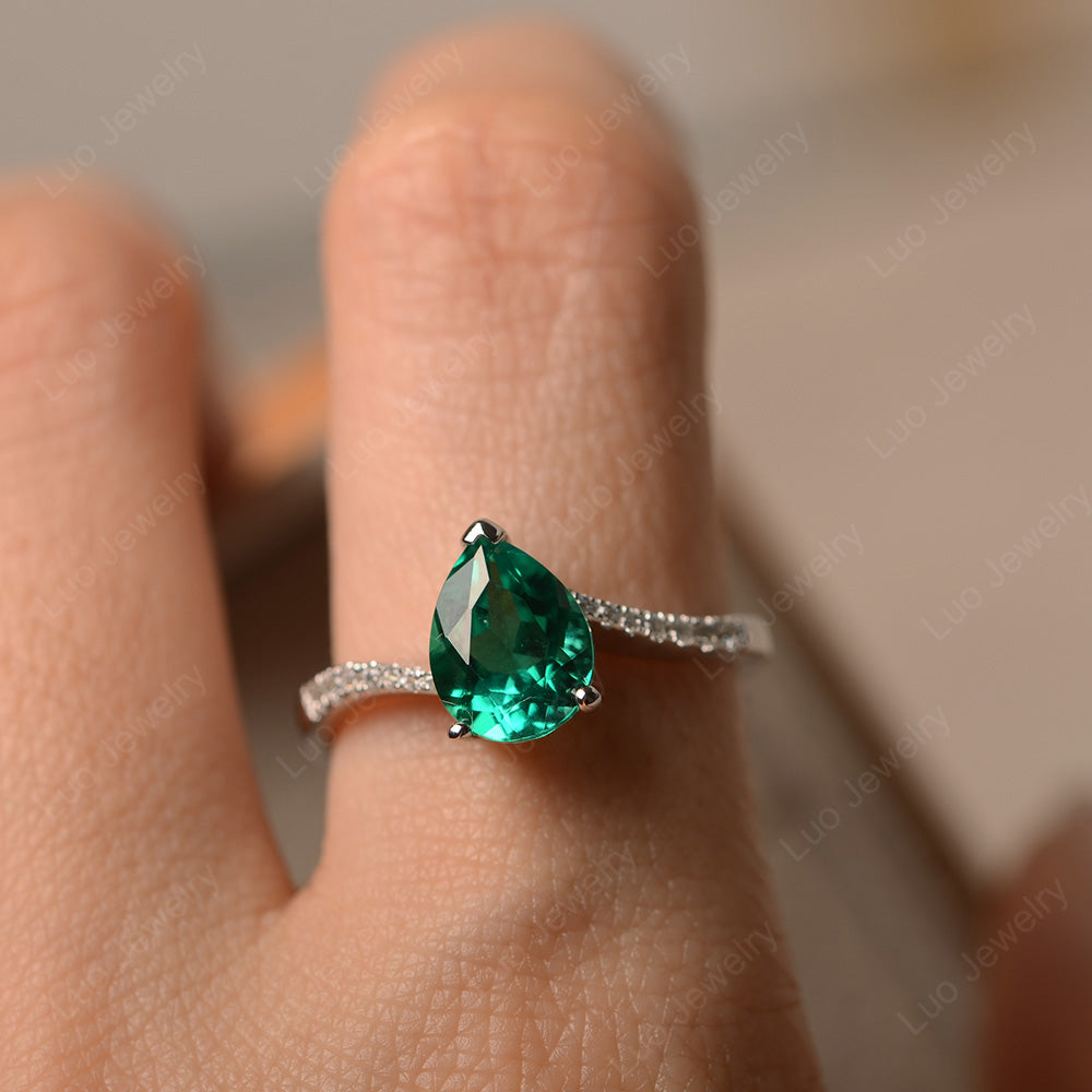 Pear Shaped Lab Emerald Engagement Ring Pave - LUO Jewelry