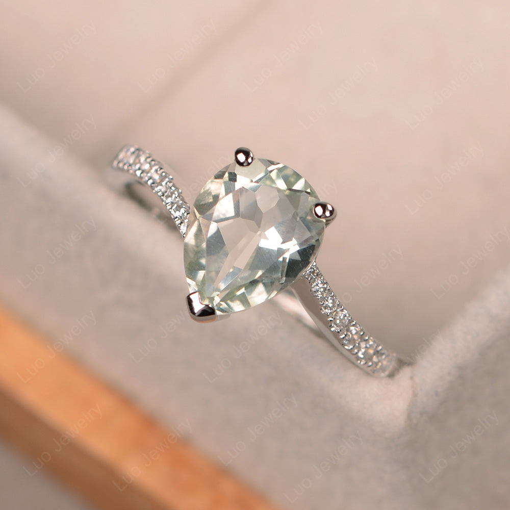 Pear Shaped Green Amethyst Engagement Ring Pave - LUO Jewelry