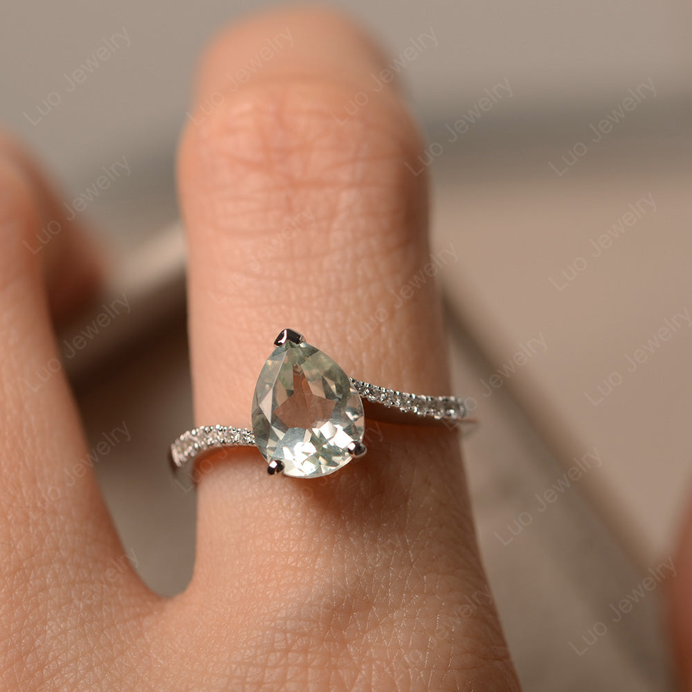 Pear Shaped Green Amethyst Engagement Ring Pave - LUO Jewelry