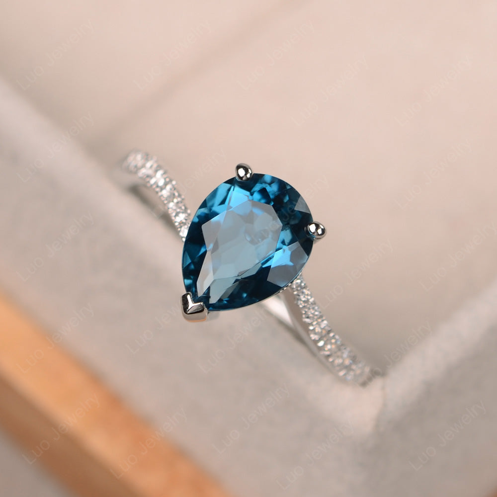 Pear Shaped London Blue Topaz Engagement Ring Pave - LUO Jewelry