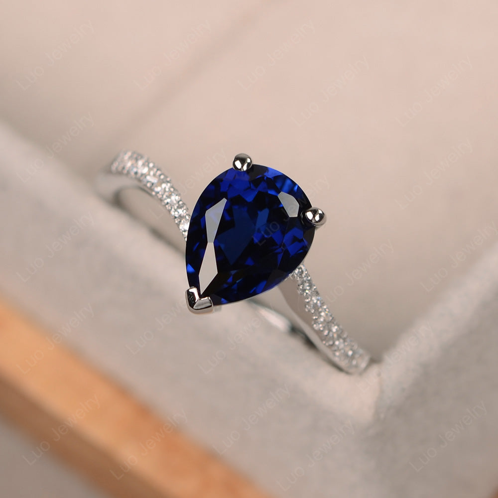 Pear Shaped Lab Sapphire Engagement Ring Pave - LUO Jewelry