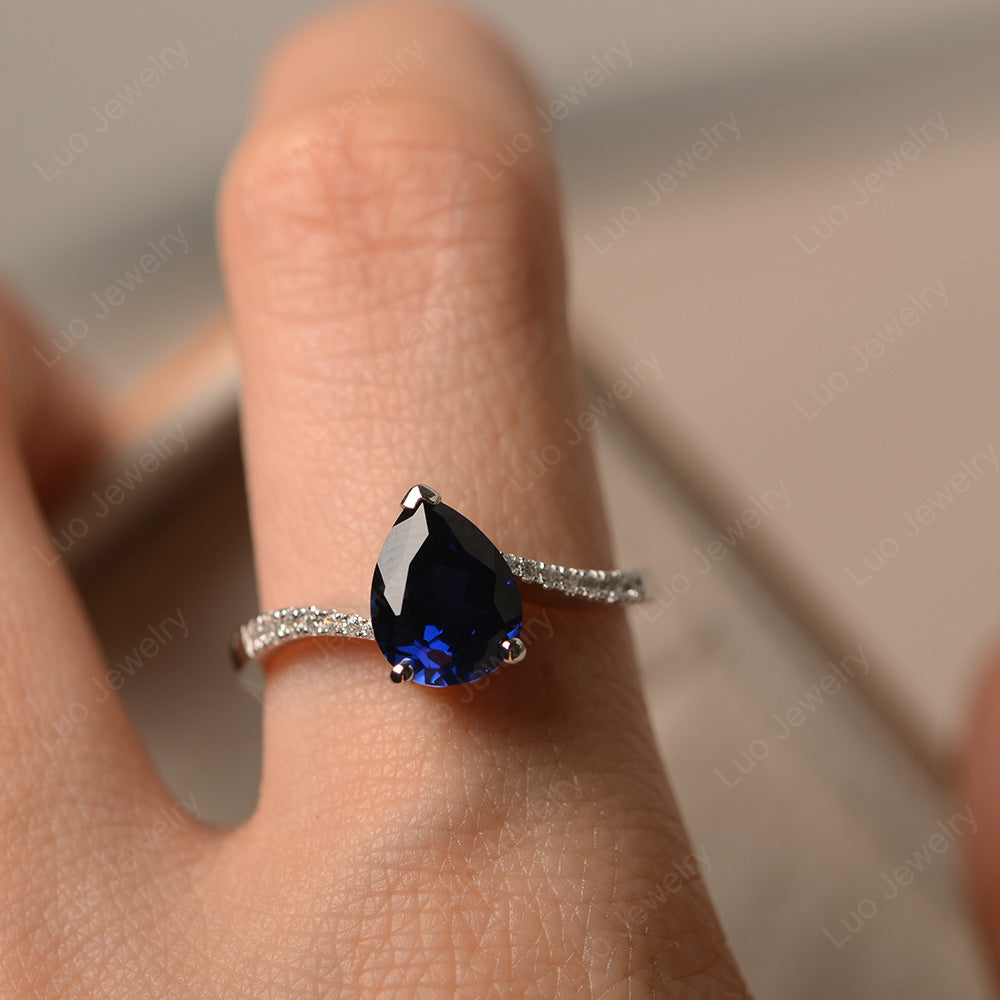 Pear Shaped Lab Sapphire Engagement Ring Pave - LUO Jewelry
