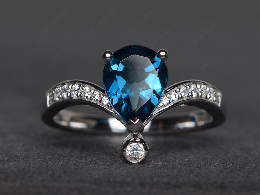 Unique Pear Shaped London Blue Topaz Ring Art Deco - LUO Jewelry