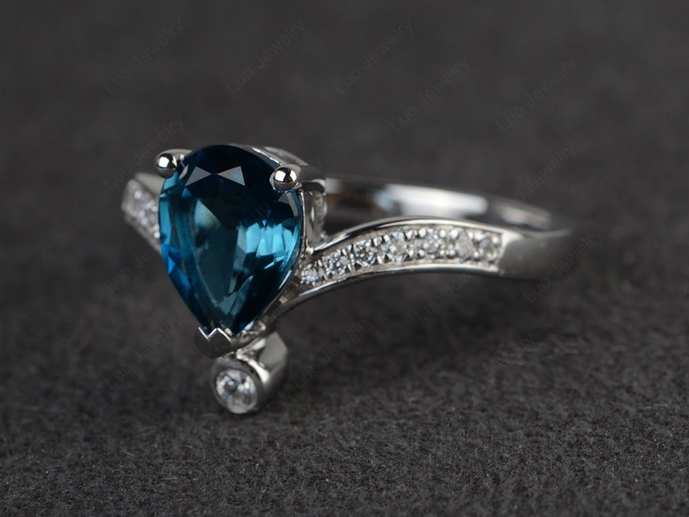 Unique Pear Shaped London Blue Topaz Ring Art Deco - LUO Jewelry