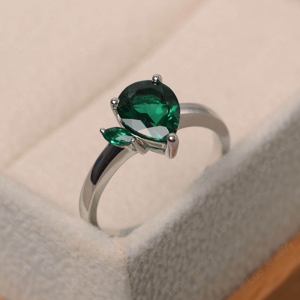 Unique Pear Shaped Lab Emerald Wedding Ring - LUO Jewelry