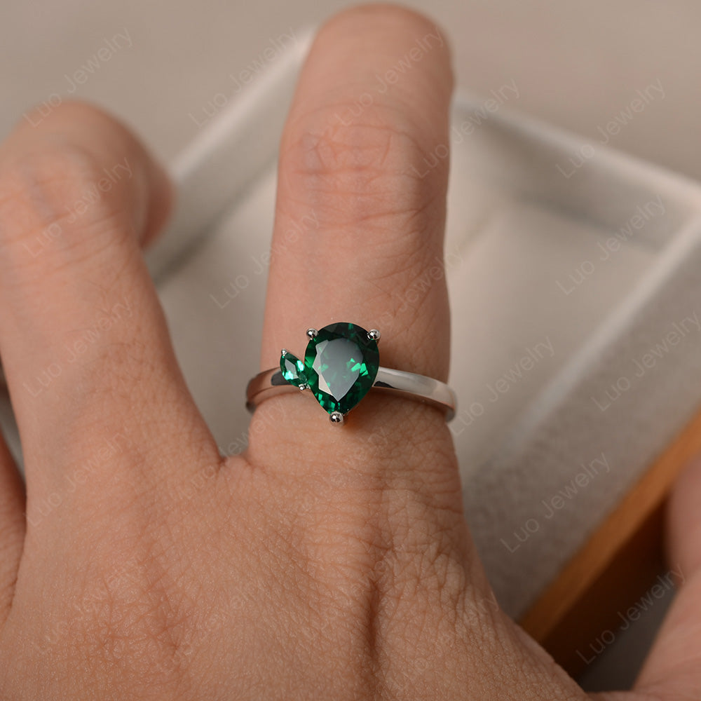 Unique Pear Shaped Lab Emerald Wedding Ring - LUO Jewelry