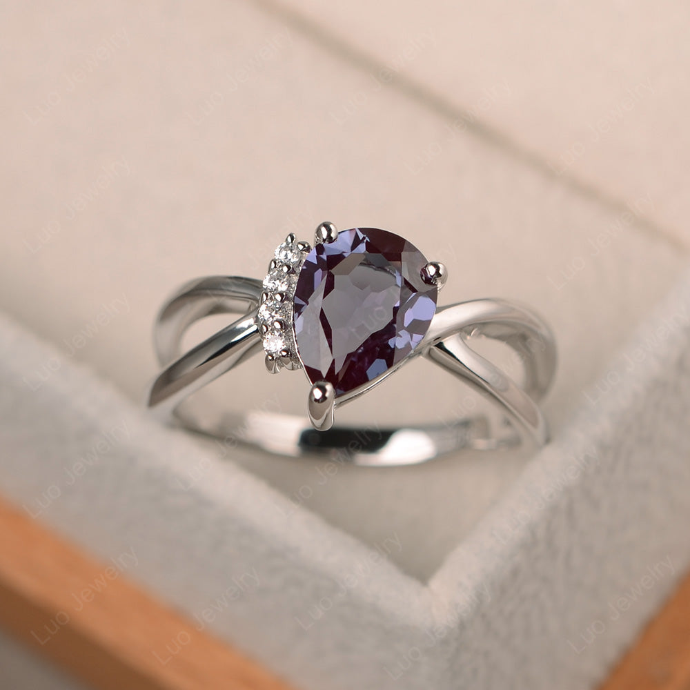 Alexandrite Ring Split Shank Pear Engagement Ring - LUO Jewelry