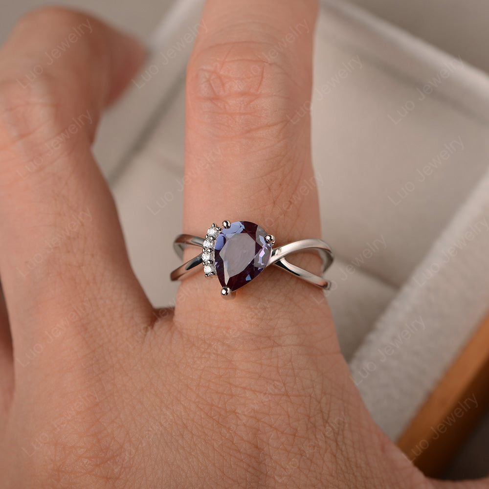 Alexandrite Ring Split Shank Pear Engagement Ring - LUO Jewelry