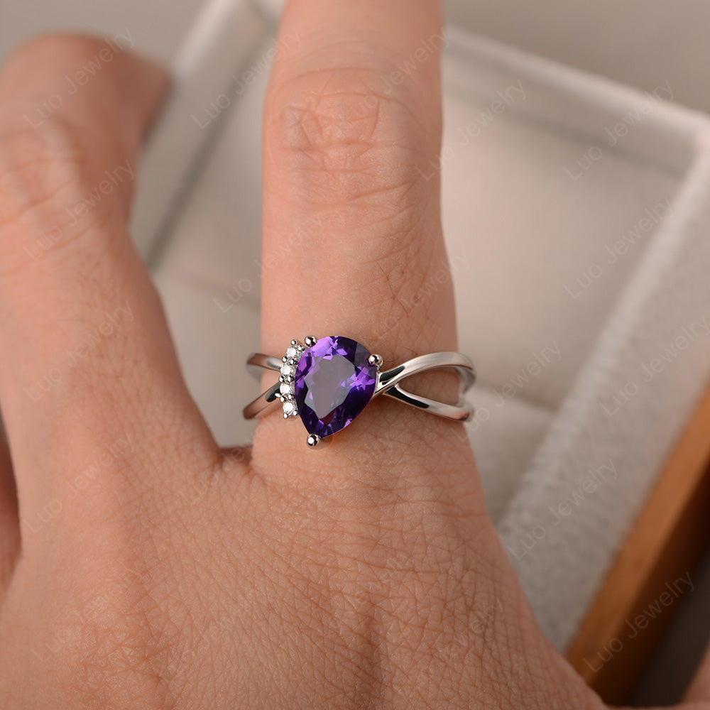 Amethyst Ring Split Shank Pear Engagement Ring - LUO Jewelry