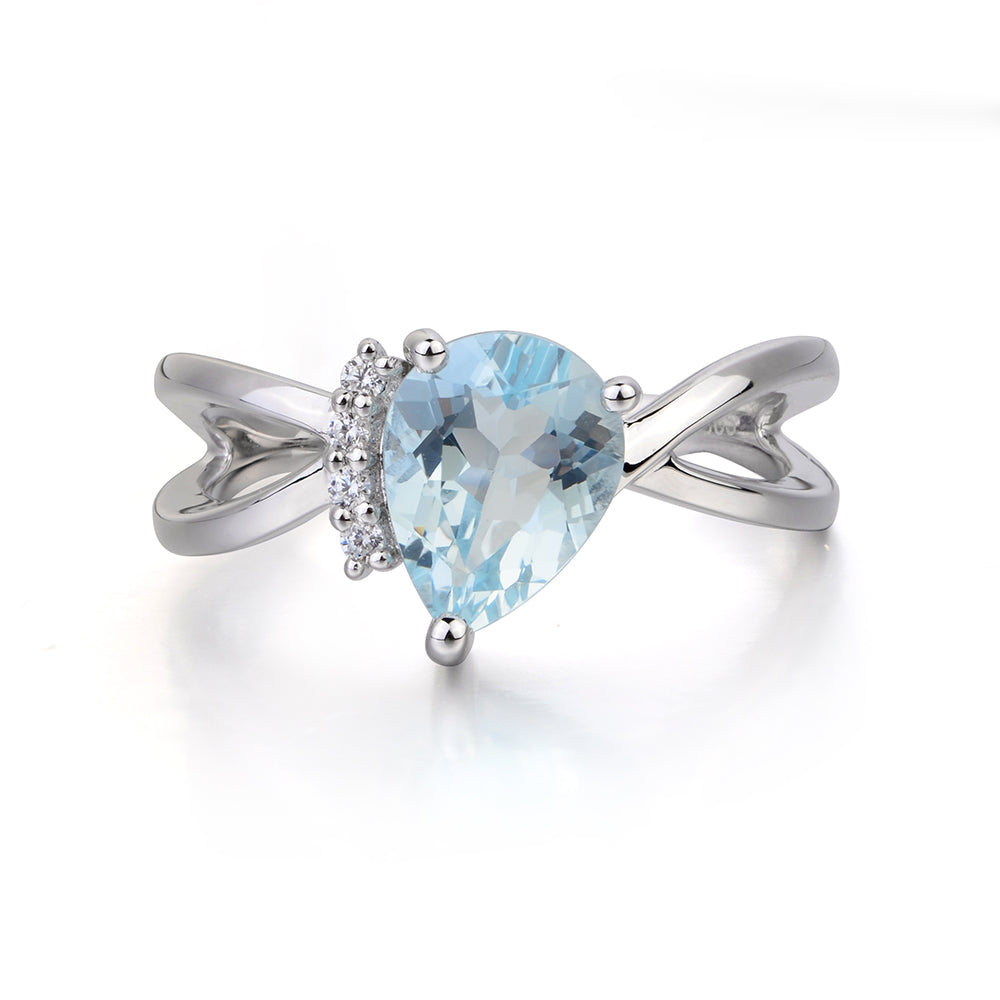 Aquamarine Ring Split Shank Pear Engagement Ring - LUO Jewelry