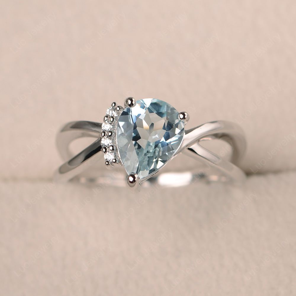 Aquamarine Ring Split Shank Pear Engagement Ring - LUO Jewelry