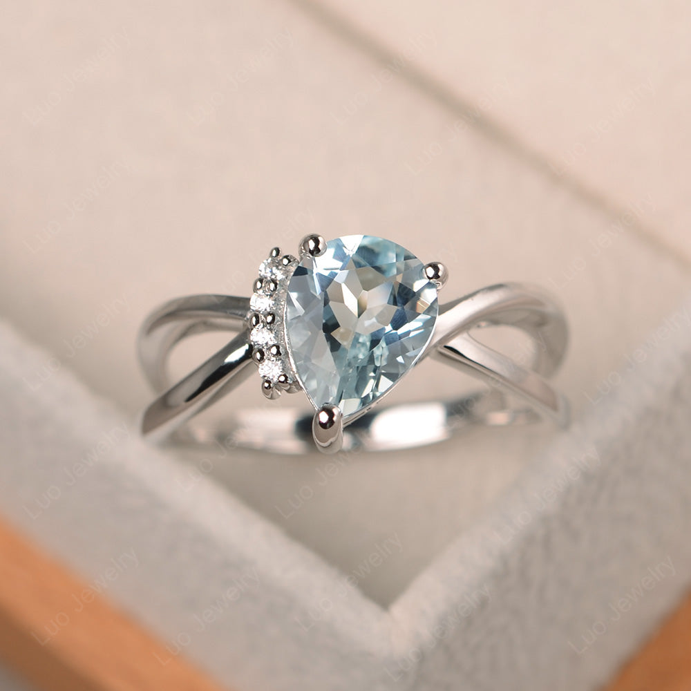 Aquamarine Ring Split Shank Pear Engagement Ring - LUO Jewelry