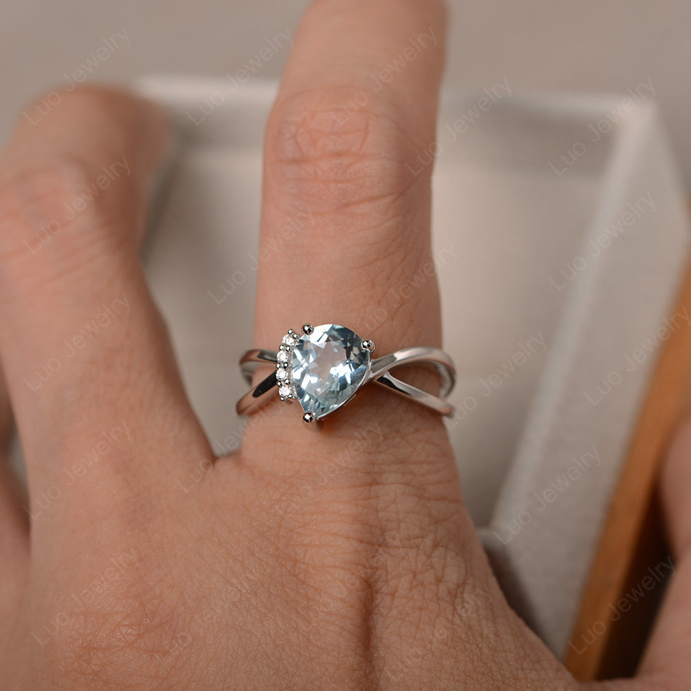 Aquamarine Ring Split Shank Pear Engagement Ring - LUO Jewelry
