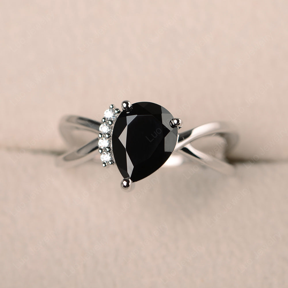 Black Spinel Ring Split Shank Pear Engagement Ring - LUO Jewelry