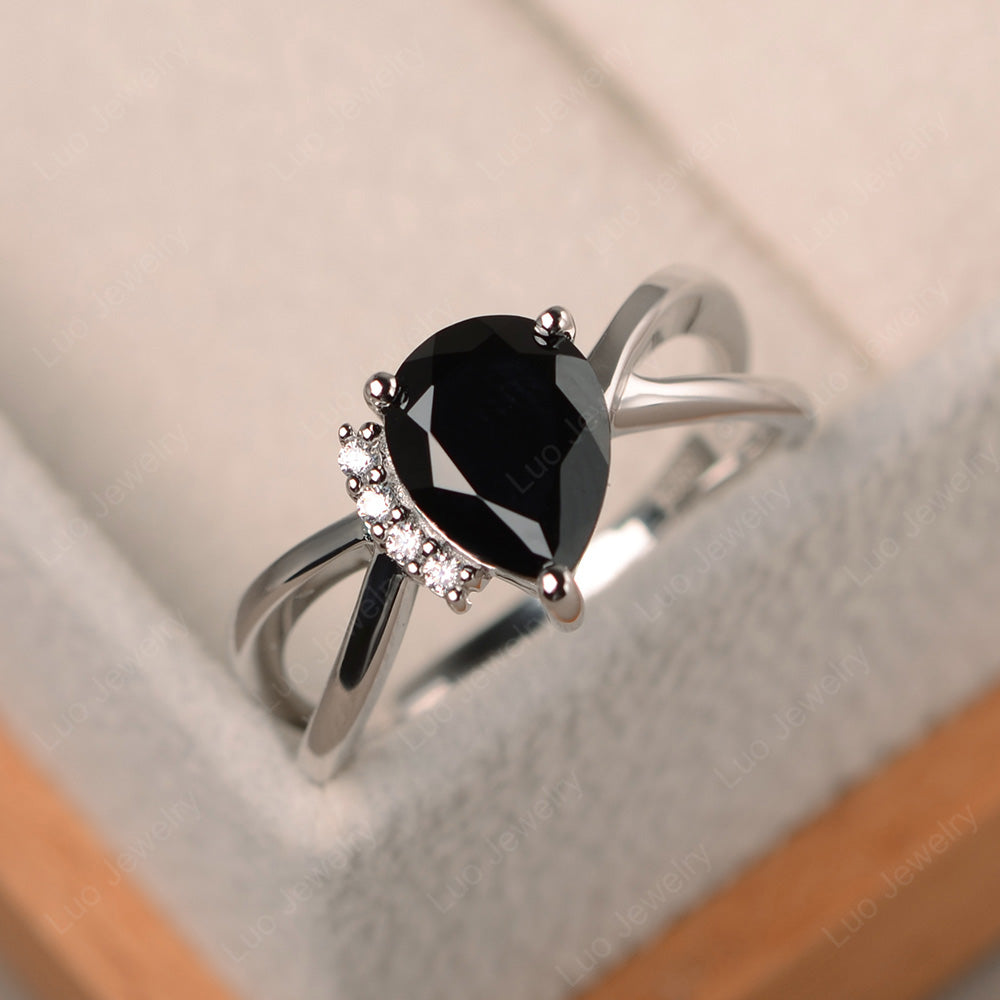Black Spinel Ring Split Shank Pear Engagement Ring - LUO Jewelry