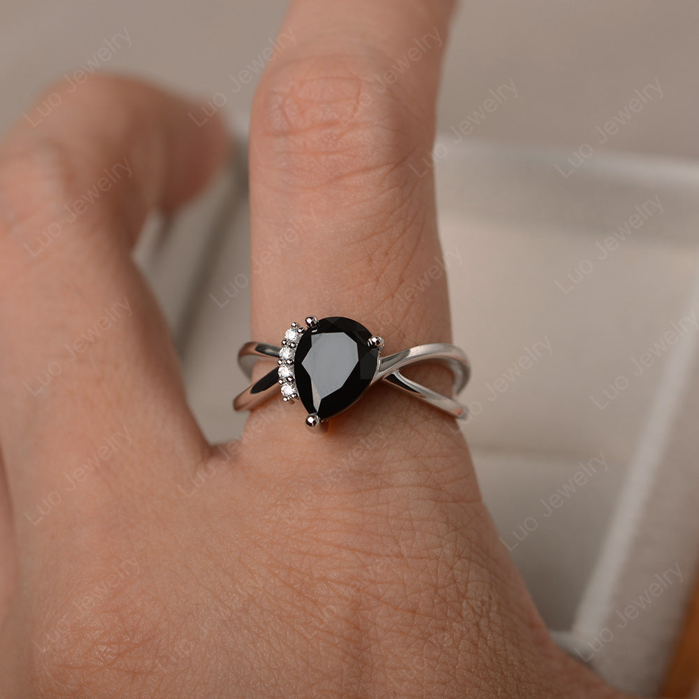Black Spinel Ring Split Shank Pear Engagement Ring - LUO Jewelry