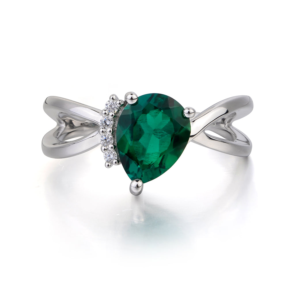 Lab Emerald Ring Split Shank Pear Engagement Ring - LUO Jewelry