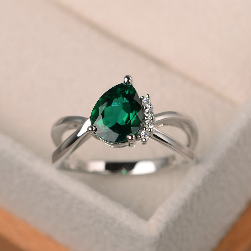 Lab Emerald Ring Split Shank Pear Engagement Ring - LUO Jewelry