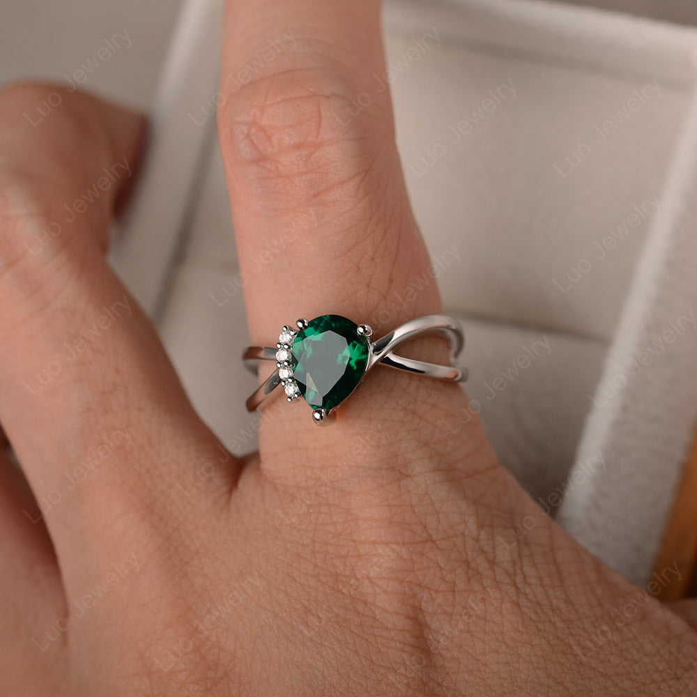 Lab Emerald Ring Split Shank Pear Engagement Ring - LUO Jewelry