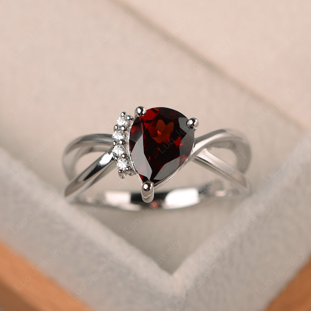 Garnet Ring Split Shank Pear Engagement Ring - LUO Jewelry