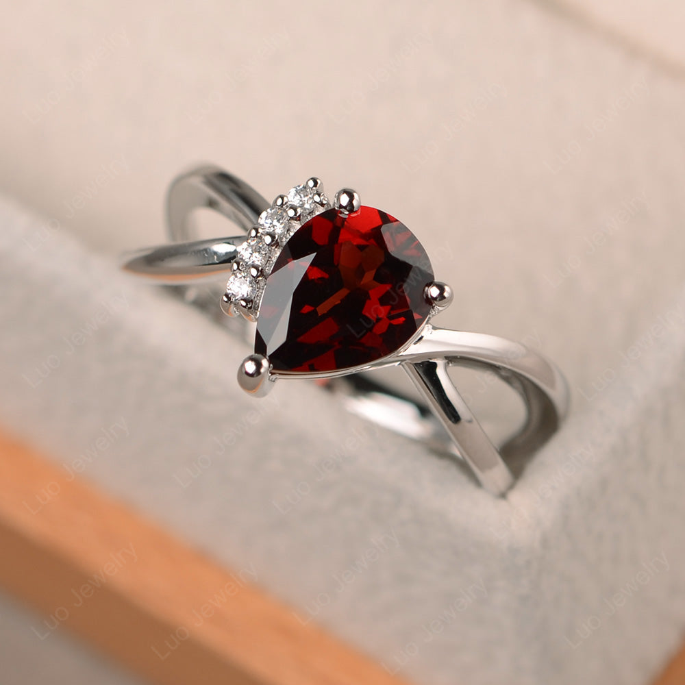 Garnet Ring Split Shank Pear Engagement Ring - LUO Jewelry