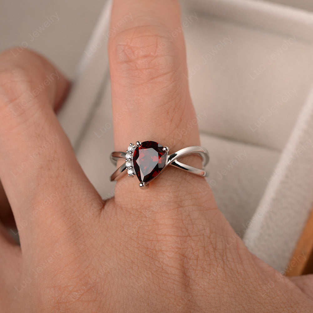 Garnet Ring Split Shank Pear Engagement Ring - LUO Jewelry