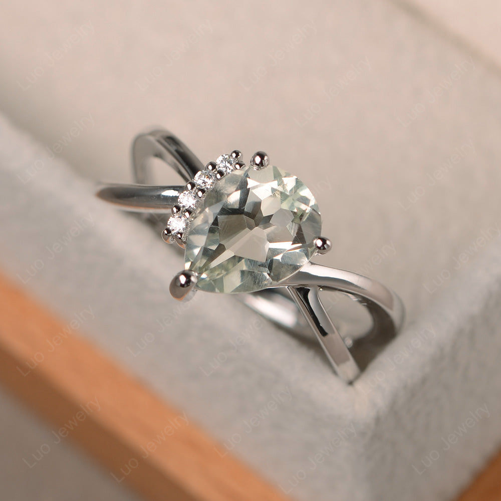 Green Amethyst Ring Split Shank Pear Engagement Ring - LUO Jewelry