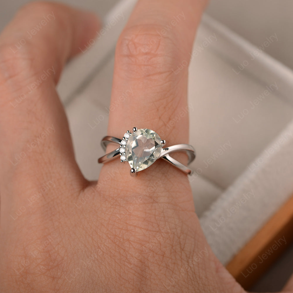 Green Amethyst Ring Split Shank Pear Engagement Ring - LUO Jewelry