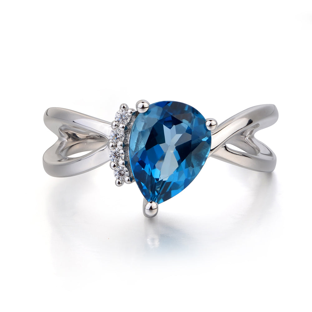 London Blue Topaz Ring Split Shank Pear Engagement Ring - LUO Jewelry